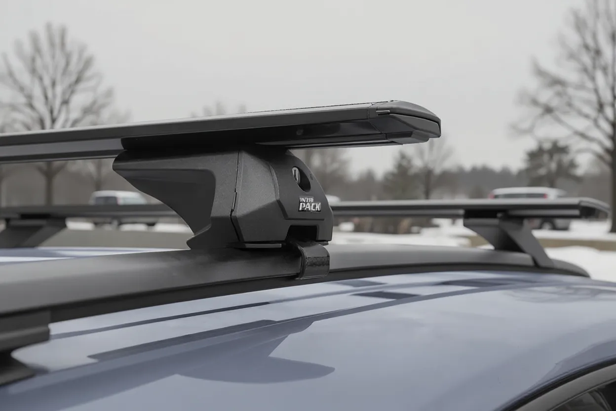 Ein schwarzer Dachgepäckträger, der auf den Dachreling des Autos montiert ist. Im Hintergrund die Landschaft einer Kleinstadt in winterlicher Atmosphäre. Kühle Farben, ein bewölkter Tag.