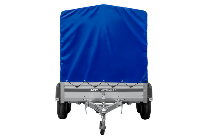 Zweiachsiger Anhänger mit Aluminiumseitenwänden 264x125 Unitrailer Garden 264/2 KIPP ALU mit Rahmen H-1100 und blauer Plane