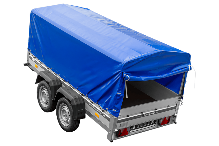 Zweiachsiger Anhänger mit Aluminiumseitenwänden 264x125 Unitrailer Garden 264/2 KIPP ALU mit H-800 Rahmen und blauer Plane