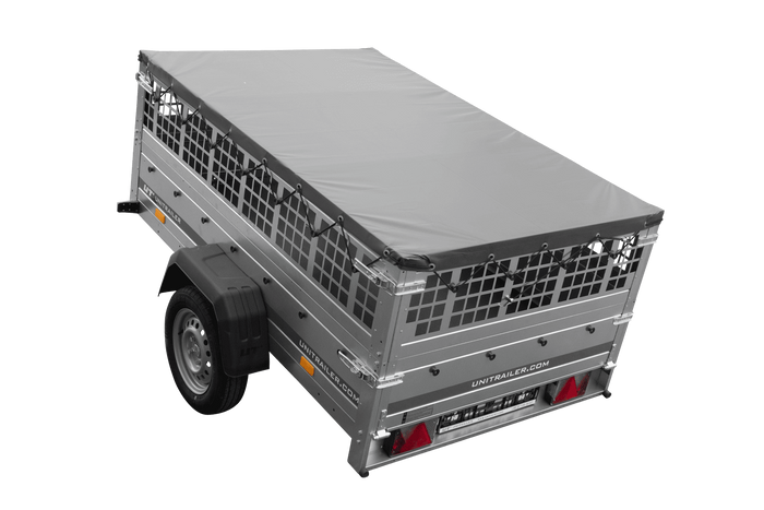 Einachsanhänger 200x125 UNITRAILER GARDEN 201 KIPP mit Gitterseitenwänden und grauer Abdeckung