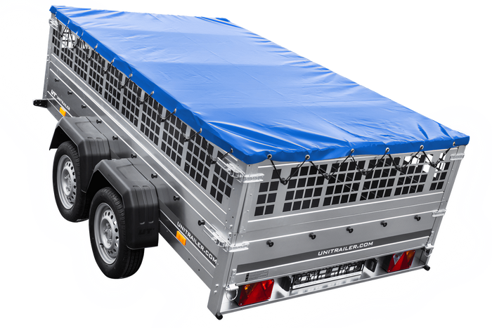 Leichter Anhänger 264x150 UNITRAILER GARDEN 265/2 KIPP mit Gitterwänden, H-0-Rahmen und blauer Plane