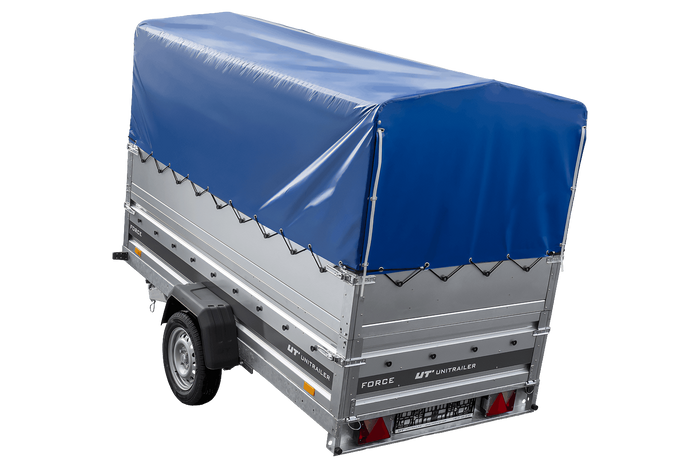 Leichter Anhänger auf Blattfedern 264x125 UNITRAILER FORCE 264/R KIPP mit BIS-Seitenwänden, H-800-Rahmen und blauer Plane