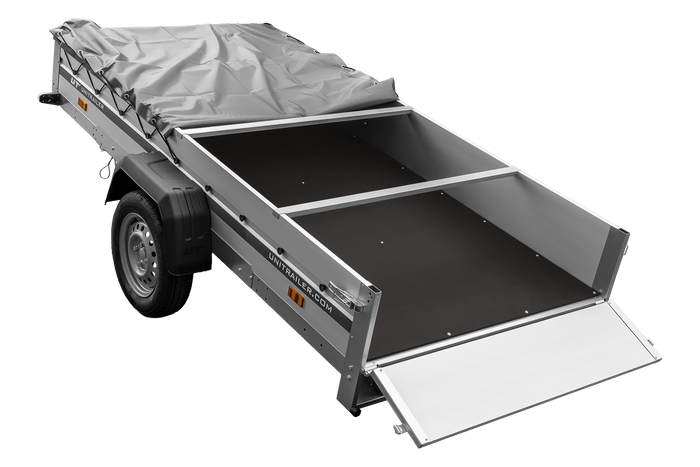 Autotransportanhänger mit Aluminiumseitenwänden 264x125 Unitrailer Garden 264 KIPP ALU mit H-0-Rahmen und grauer Plane