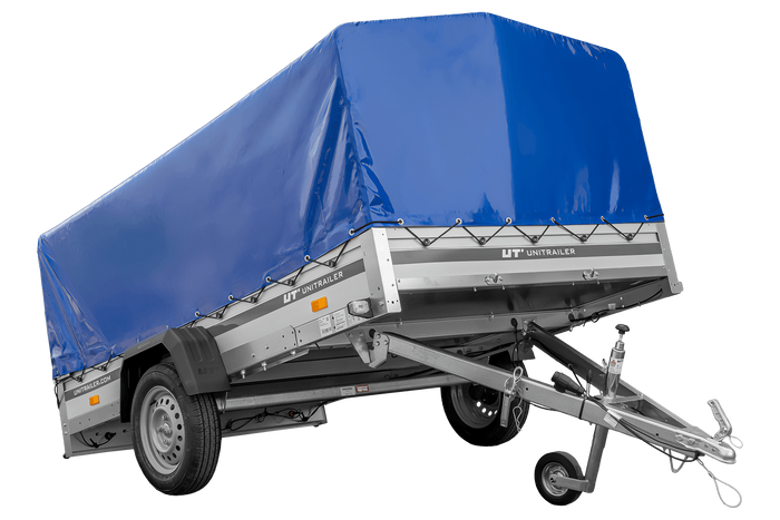 Einachsanhänger mit Aluminiumseitenwänden 264x150 Unitrailer Garden 265 KIPP ALU mit H-800 Rahmen und blauer Plane