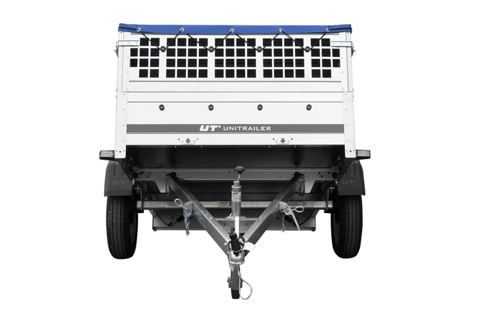 PKW-Anhänger 200x125 UNITRAILER GARDEN 201 KIPP mit Gitteraufsatz, blauer Flachplane und Flachplanenträger
