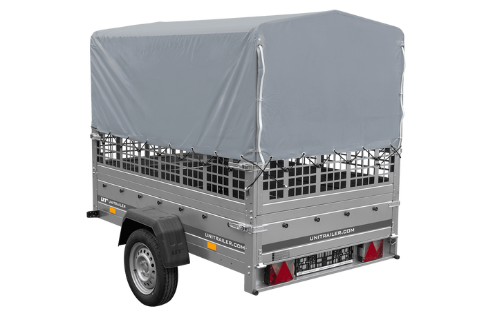 PKW-Anhänger 200x125 UNITRAILER GARDEN 201 KIPP mit Gitteraufsatz und grauer Hochplane