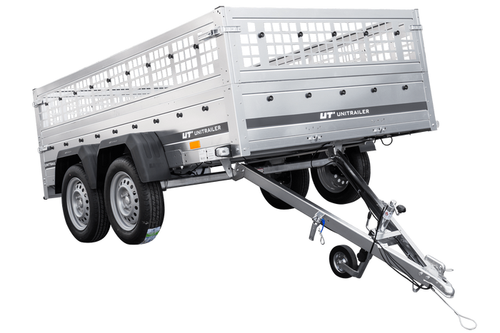Leichter Anhänger 264x150 UNITRAILER GARDEN 265/2 KIPP mit Gitterwänden, H-0-Rahmen und grauer Plane