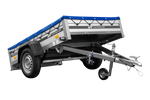 Einachsiger Anhänger auf Blattfedern mit Aluminiumseitenwänden 200x125 Unitrailer Garden 201/R KIPP ALU mit H-0-Rahmen und blauer Plane