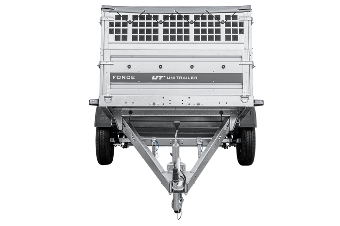 Leichter Anhänger auf Federn 230x125 UNITRAILER FORCE 230/R KIPP mit Gitterwänden, H-0-Rahmen und grauer Plane