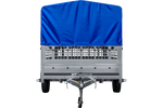 Autotransportanhänger auf Blattfedern 264x150 UNITRAILER GARDEN 265/R KIPP mit Gitterwänden, H-800 Rahmen und blauer Plane