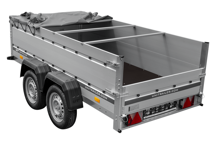 Zweiachsiger Anhänger mit Aluminiumseitenwänden 264x125 Unitrailer Garden 264/2 KIPP ALU mit BIS-Seitenwänden, H-0-Rahmen und grauer Plane