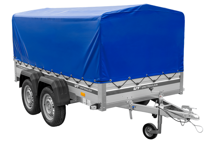 Zweiachsiger Anhänger mit Aluminiumseitenwänden 264x125 Unitrailer Garden 264/2 KIPP ALU mit H-800 Rahmen und blauer Plane