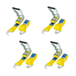 Satz aus vier gelben UNITRAILER 4m/50mm/5t Transportgurten mit Spannvorrichtung
