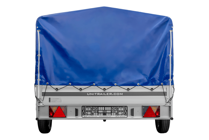 Einachsanhänger mit Aluminiumseitenwänden 264x150 Unitrailer Garden 265 KIPP ALU mit H-800 Rahmen und blauer Plane