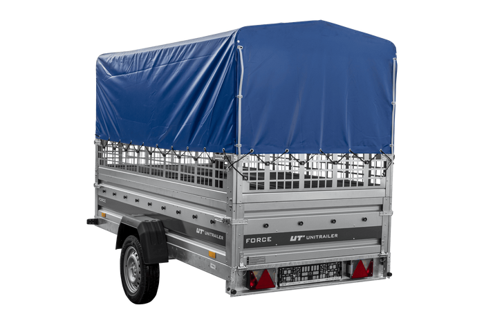 Autotransportanhänger 264x125 UNITRAILER FORCE 264 KIPP mit Gitterwänden, H-800 Rahmen und blauer Plane