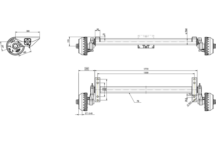 KNOTT VGB15M/MV gebremste Achse für schwere Anhänger und Autotransporter 1500 kg 1300 mm 1770 mm 5x112