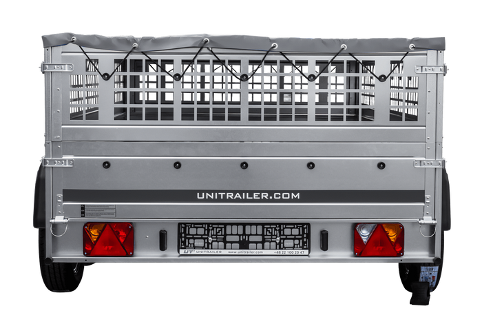 Leichter Anhänger 264x150 UNITRAILER GARDEN 265/2 KIPP mit Gitterwänden, H-0-Rahmen und grauer Plane