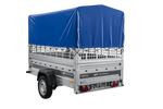 Autotransportanhänger auf Federn 230x125 UNITRAILER FORCE 230/R KIPP mit Gitterwänden, H-800 Rahmen und blauer Plane