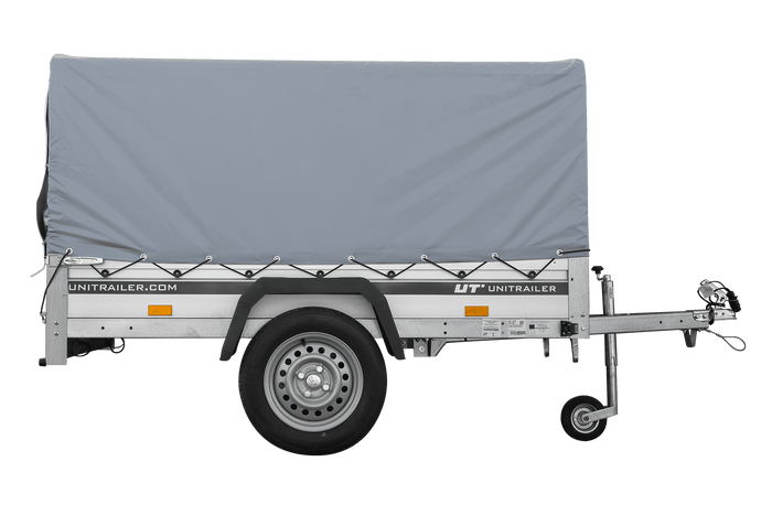 Einachsanhänger mit Aluminiumseitenwänden 200x125 Unitrailer Garden 201 KIPP ALU mit H-800 Rahmen und grauer Plane