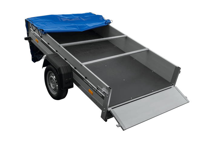 Einachsanhänger mit Aluminiumseitenwänden 230x125 Unitrailer Garden 230 KIPP ALU mit H-0-Rahmen und blauer Plane