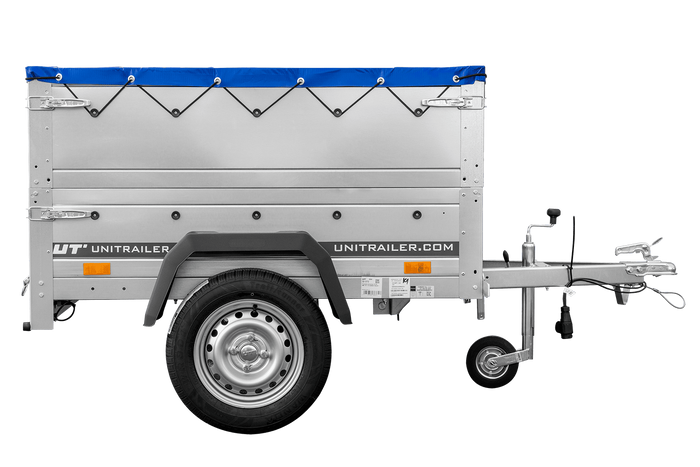 Pkw Anhänger Neu GARDEN TRAILER 150 KIPP mit zusätzlichen Bordwänden, Stützrad und blauer Flachplane