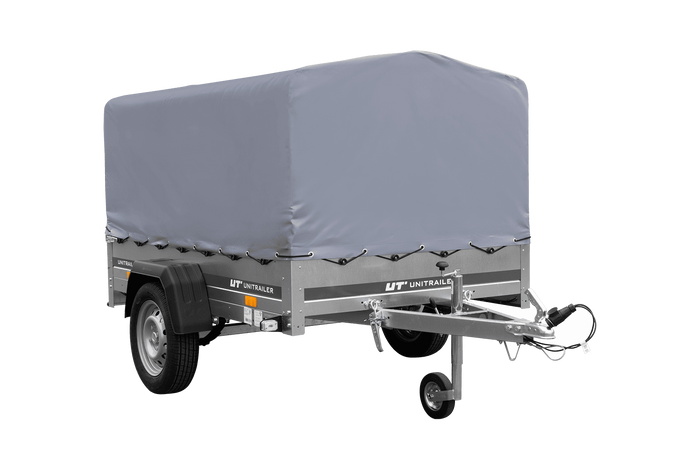 Einachsanhänger auf Blattfedern 200x125 UNITRAILER GARDEN 201/R KIPP mit H-800-Rahmen und grauer Plane