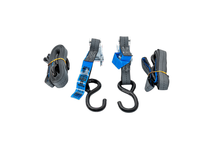 Set aus zwei HILLS 3 m/25 mm/1 t Transportgurten mit Spannvorrichtung und zwei 0,45 m Gurten zur Sicherung des Motorrads