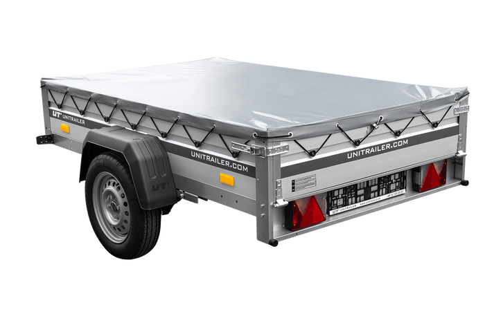 Einachsiger Anhänger auf Blattfedern mit Aluminiumseitenwänden 200x125 Unitrailer Garden 201/R KIPP ALU mit H-0-Rahmen und grauer Plane