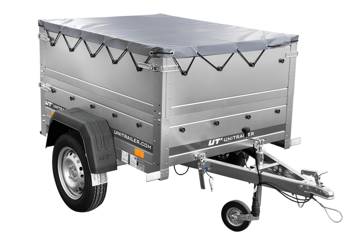 Pkw Anhänger Neu GARDEN TRAILER 150 KIPP mit zusätzlichen Bordwänden, Stützrad und grauer Flachplane