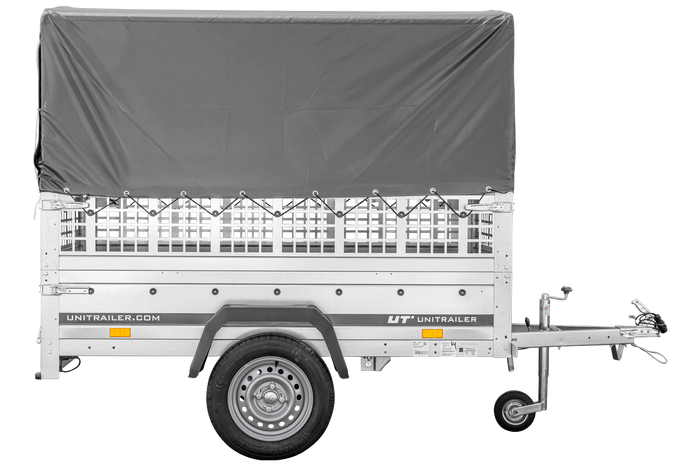 Autotransportanhänger 200x106 UNITRAILER GARDEN 200 KIPP mit Gitterwänden, H-800 Rahmen und grauer Plane