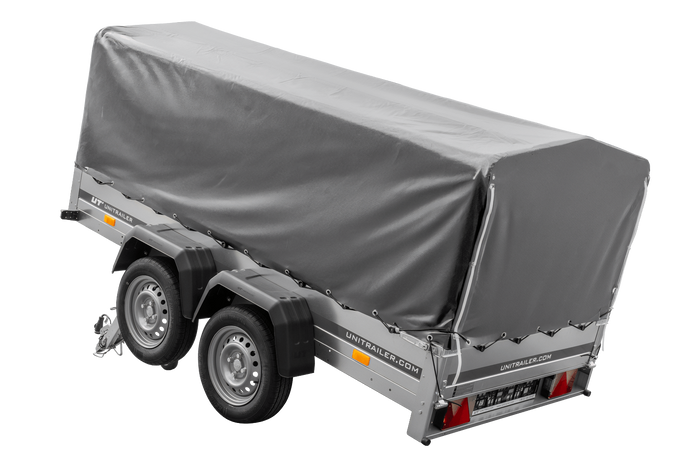 UNITRAILER GARDEN TRAILER ANHÄNGER 264/2 KIPP MIT STÜTZRAD, SPRIEGEL UND GRAUER PLANE