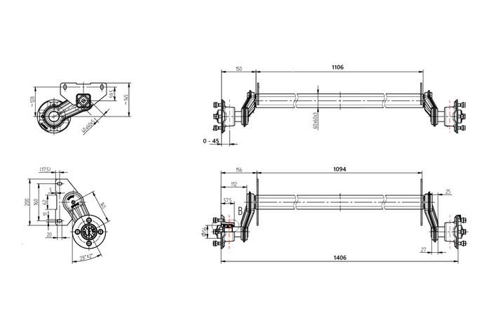 KNOTT VG7-L ungebremste Achse für Bootsanhänger 750 kg 1094 mm 1406 mm 4x100