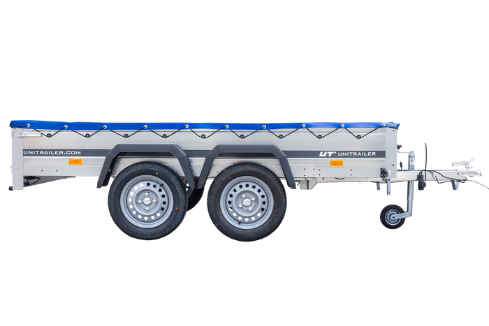 Autotransportanhänger 264x150 UNITRAILER GARDEN 265/2 KIPP mit H-0-Rahmen und blauer Plane