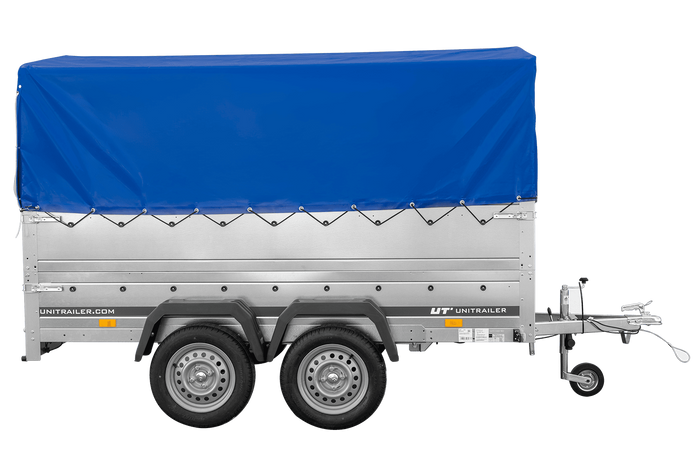 Leichter Anhänger 264x150 UNITRAILER GARDEN 265/2 KIPP mit BIS-Seitenwänden, H-800-Rahmen und blauer Plane