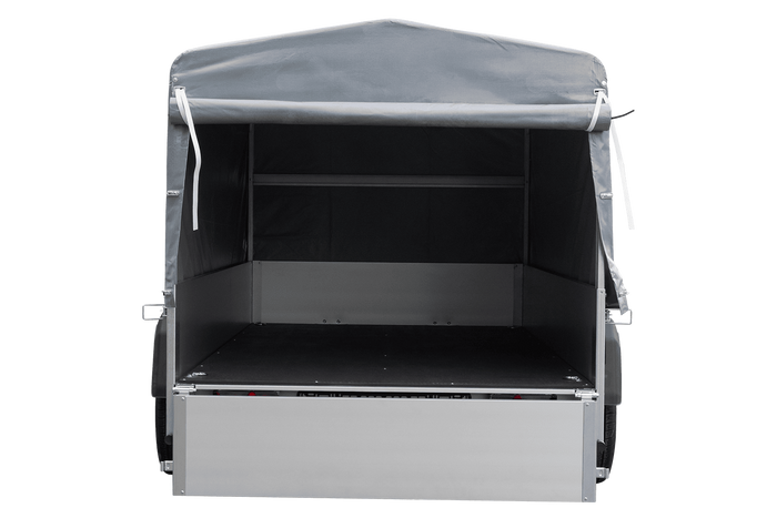 Einachsiger Anhänger auf Blattfedern mit Aluminiumseitenwänden 230x125 Unitrailer Garden 230/R KIPP ALU mit H-800 Rahmen und grauer Plane