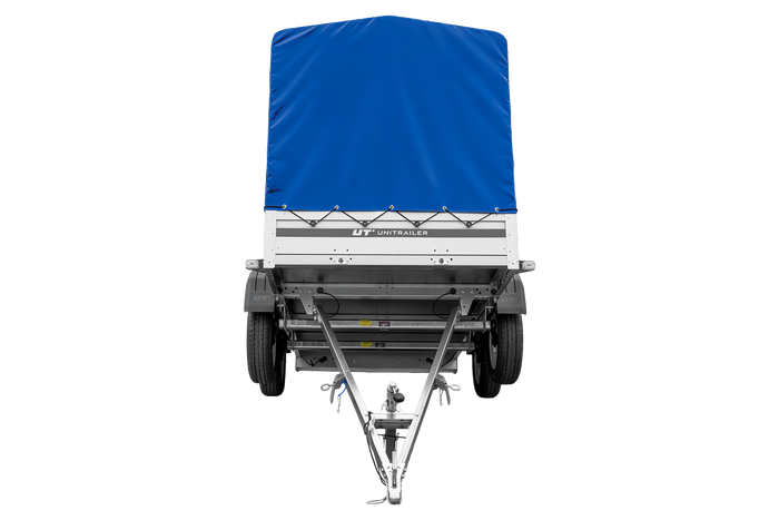 Zweiachsiger Anhänger mit Aluminiumseitenwänden 264x125 Unitrailer Garden 264/2 KIPP ALU mit Rahmen H-1100 und blauer Plane