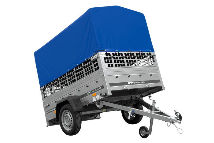 PKW-Anhänger 200x125 UNITRAILER GARDEN 201 KIPP mit Gitteraufsatz und blauer Hochplane