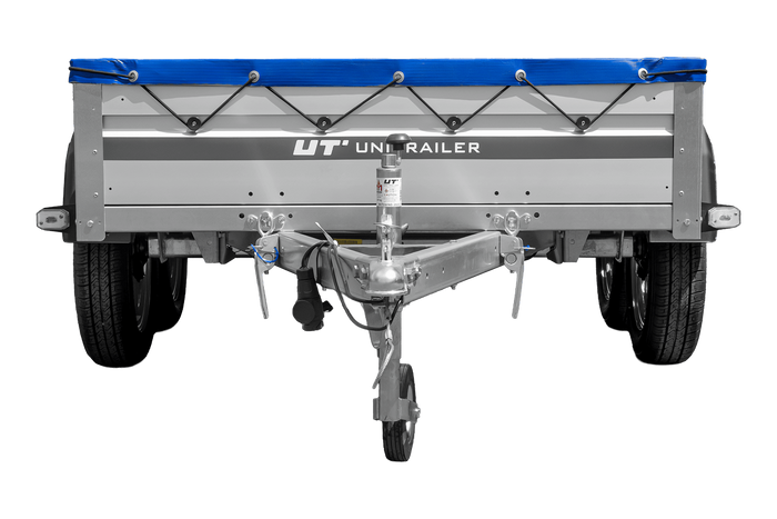 Zweiachsiger Anhänger mit Aluminiumseitenwänden 264x125 Unitrailer Garden 264/2 KIPP ALU mit H-0-Rahmen und blauer Plane
