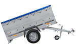 Gartenanhänger 200 Kipp mit Stützrad, zwei Seitenwänden, H-0-Rahmen und blauer Plane