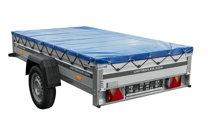 Einachsanhänger mit Aluminiumseitenwänden 230x125 Unitrailer Garden 230 KIPP ALU mit H-0-Rahmen und blauer Plane
