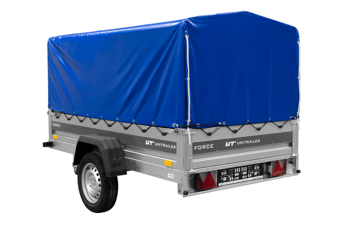 Einachsanhänger 230x125 UNITRAILER FORCE 230 KIPP mit H-800 Rahmen und blauer Plane