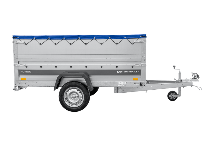 Leichter Anhänger 230x125 UNITRAILER FORCE 230 KIPP mit BIS-Seitenwänden, H-0-Rahmen und blauer Plane
