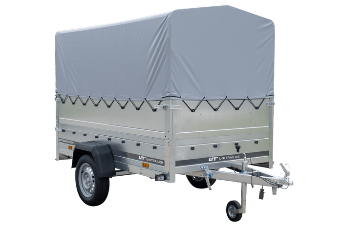 PKW-Anhänger 230x125 UNITRAILER GARDEN 230 KIPP mit Zusatzbordwändenund grauer Hochplane 80 cm