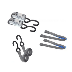 Set aus zwei HILLS 3m/25mm/1t Transportgurten mit Spanner und zwei 0,45m Gurten zur Sicherung des Motorrades