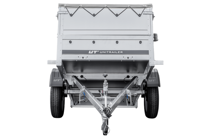 Gartenanhänger 200 Kipp mit Stützrad, zwei Seitenwänden, H-0-Rahmen und grauer Plane