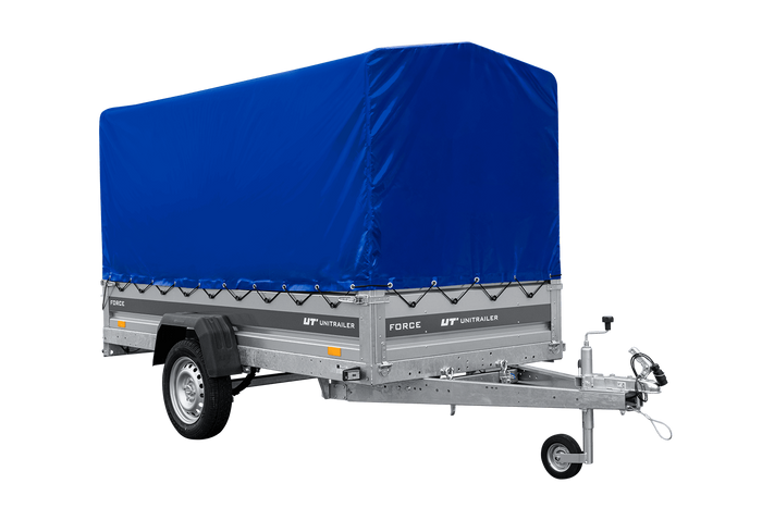 Einachsiger Anhänger auf Blattfedern 264x125 UNITRAILER FORCE 264/R KIPP mit H-1100 Rahmen und blauer Plane