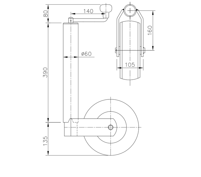 WINTERHOFF ST60-V-255SB Stützrad 400 kg 60 mm 525–755 mm
