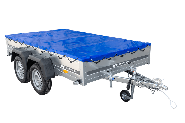 Autotransportanhänger 264x150 UNITRAILER GARDEN 265/2 KIPP mit H-0-Rahmen und blauer Plane