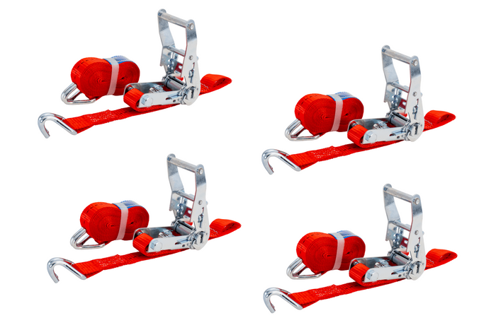 Satz mit vier UNITRAILER-Transportgurten mit Spannvorrichtung, 4 m/25 mm/1 t, rot