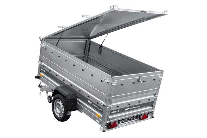 Einachsiger Anhänger auf Blattfedern 230x125 UNITRAILER FORCE 230/R KIPP mit BIS-Seitenwänden und Aluminiumabdeckung